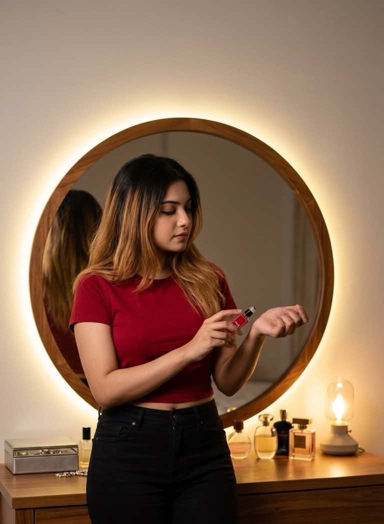 Applying StellaX perfume at a vanity