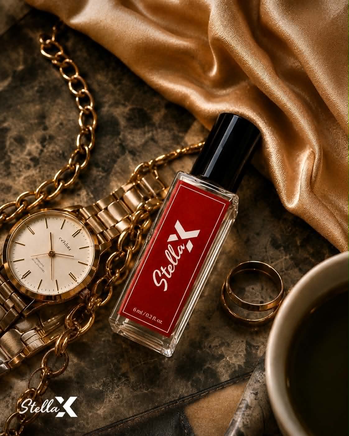 Stellax perfume oil bottle styled with a watch and gold jewellery